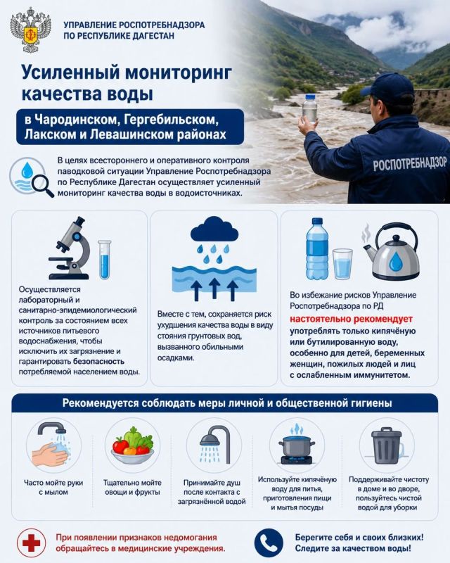 В целях всестороннего и оперативного контроля паводковой ситуации в Чародинском, Гергебильском, Лакском и Левашинском районах, Управление Роспотребнадзора по Республике Дагестан осуществляет усиленный мониторинг качества...