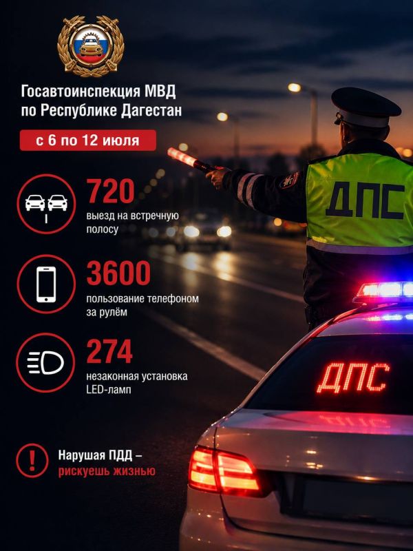 В период с 6 по 12 июля сотрудниками Госавтоинспекции Дагестана выявлены и пресечены следующие нарушения Правил дорожного движения: