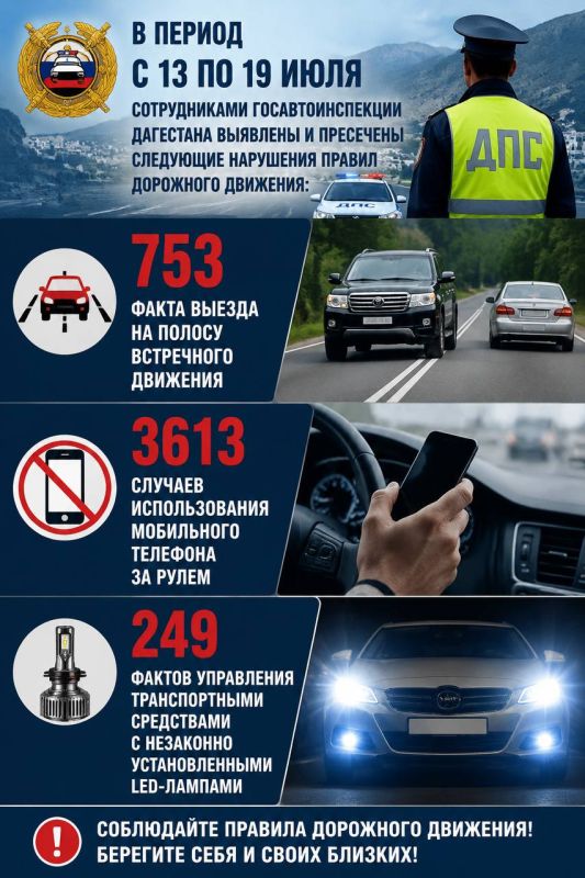 В период с 13 по 19 июля сотрудниками Госавтоинспекции Дагестана выявлены и пресечены следующие нарушения Правил дорожного движения: