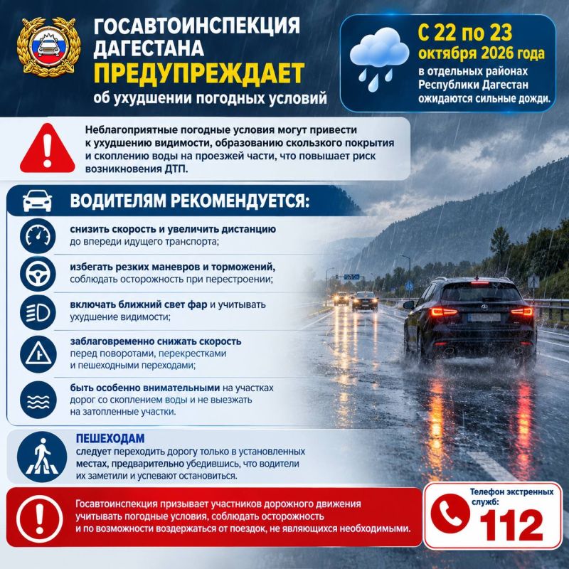 Госавтоинспекция Дагестана предупреждает об ухудшении погодных условий