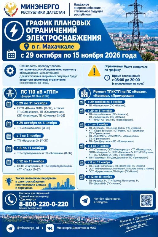 Минэнерго Дагестана опубликовало график плановых ограничений электроснабжения в г. Махачкале с 29 октября по 15 ноября 2026 года