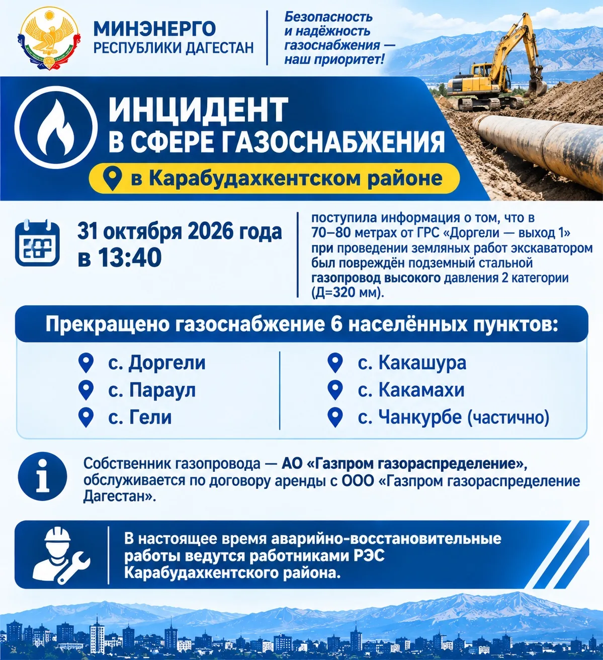 Инцидент в сфере газоснабжения в Карабудахкентском районе